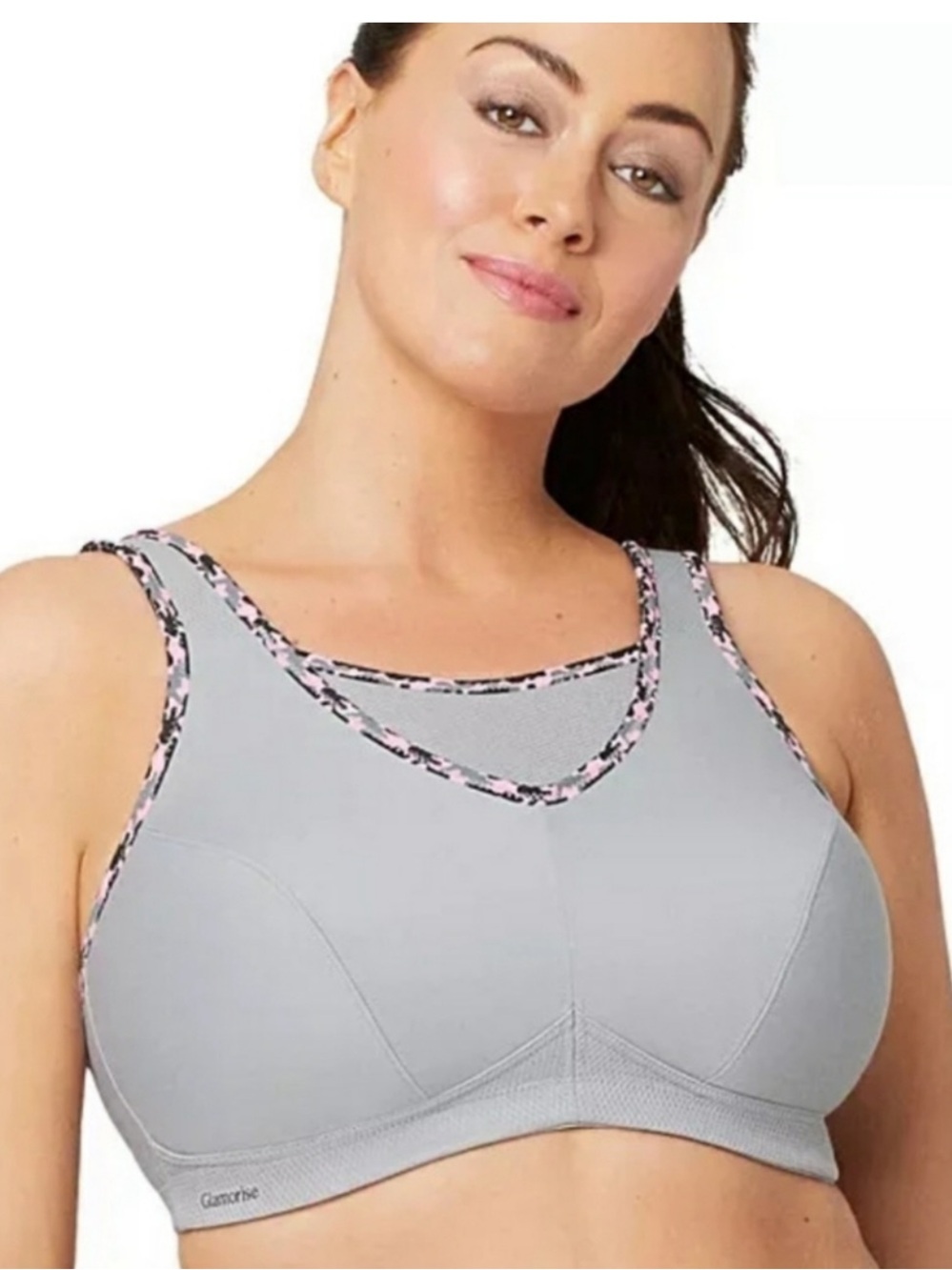 Glamorise No Bounce Camisole Sports Bra Gray Pink Camo Trim US 42F